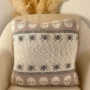 NWT + RARE Halloween Beige And White Knitted Skulls + Spiders Decorative Pillow